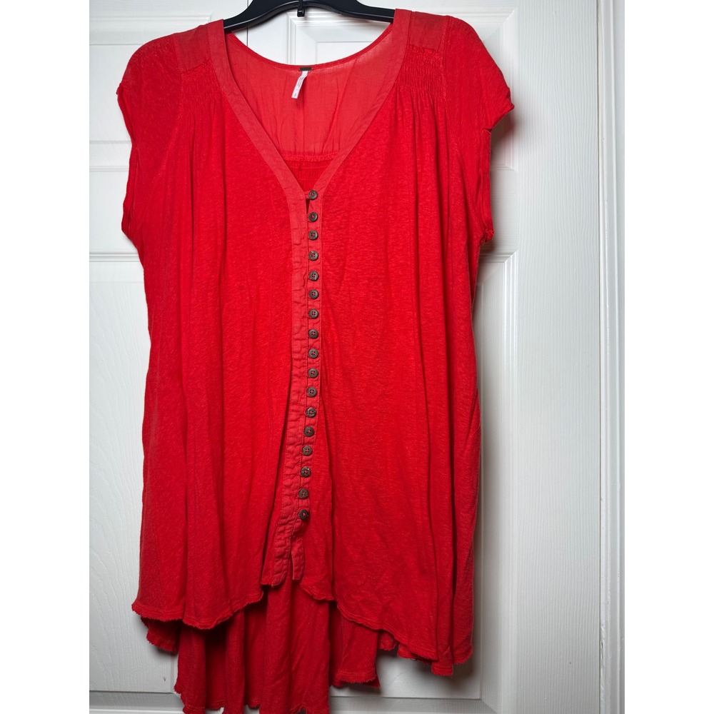 Free People Highland Top Women's Button Front Red Boho Oversized Linen Tunic